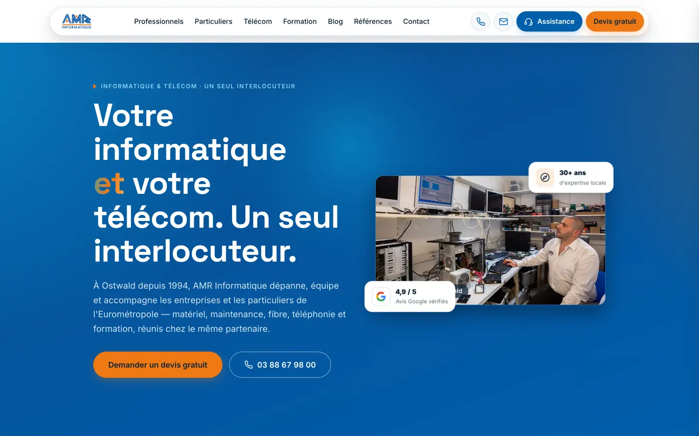 Page d'accueil du site AMR Informatique sur ordinateur