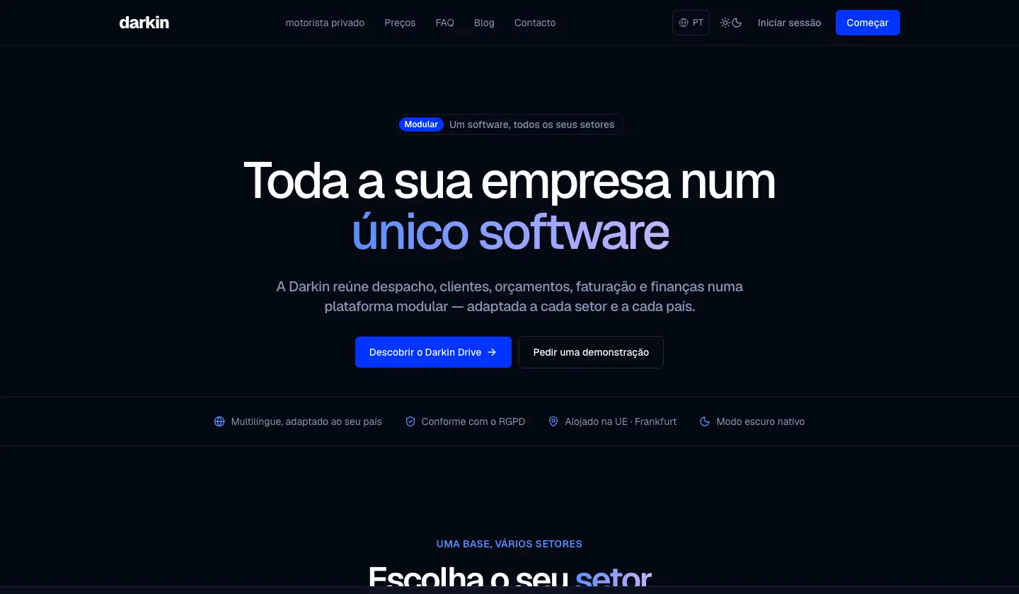 Page d'accueil du site Darkin sur ordinateur